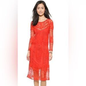 Free People Vibrant Red Lace Long Sleeve Dress